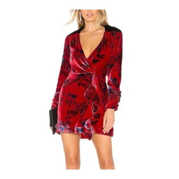 House of Harlow Revolve Joline Dress Mini Red Fluer Velvet Wrap Size XS New - Picture 1 of 13